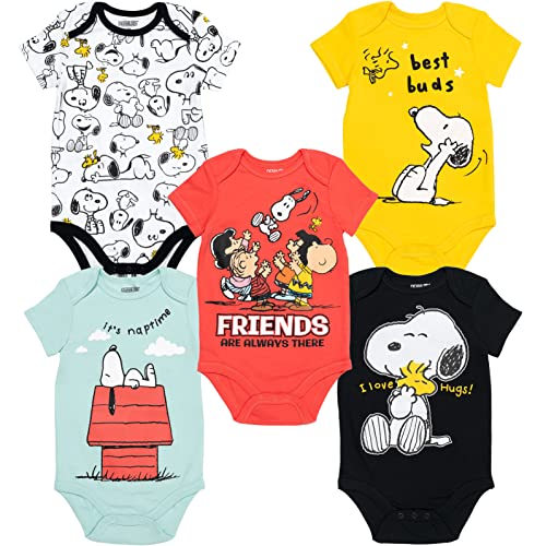 Peanuts Snoopy Charlie Brown Baby Boys 5 Pack Short Sleeve Bodysuit Multi 0-3 Months