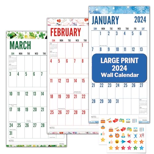 CRANBURY Large Print Calendar 2024 - (Seasons), 12x23' Hanging Wall Calendar, Colorful Designs, Big Numbers, Big Grid Calendar 2024, Low Vision 2024 Calendar, with Stickers