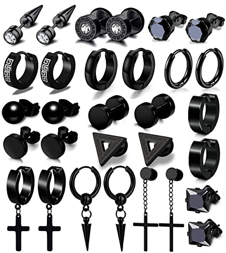 15 Pairs Earrings for Men, Black Stainless Steel Earrings Stud Kit for Men Women Fashion Piercing Jewelry Cross Dangle Hoop Earrings Set