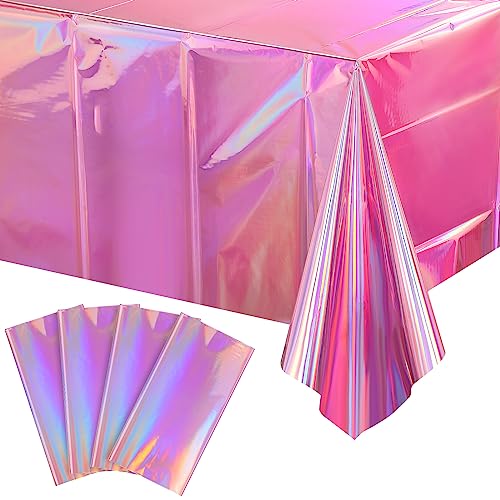 4 Pack Iridescent Pink Plastic Tablecloths, FunnyPars Shiny Disposable Laser Rectangle Table Covers, Holographic Foil Tablecloth Iridescent Party Decorations for Birthday Wedding Christmas, 54x108Inch