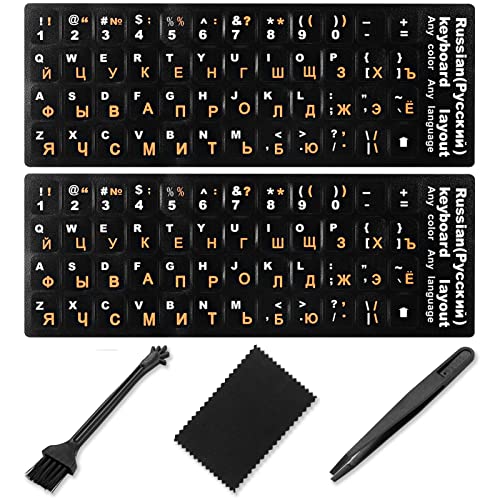 Russian Keyboard Stickers[5 in 1],Cyrillic Keyboard Letter Replacement Sticker Black Background with Orange Lettering,Russian-English Keyboard Sticker for Computer Laptop Notebook Desktop