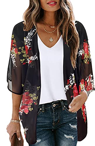 Women's Floral Summer Kimono Cardigan Loose Cover Up Casual Open Front Tops (Black, XL)