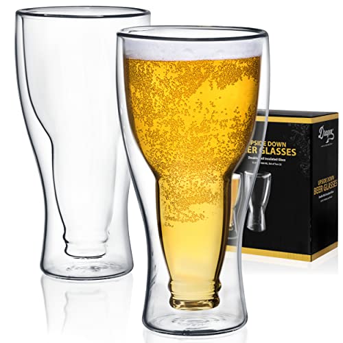 Dragon Glassware Beer Glasses, Clear Double Wall Insulated Pub Mugs, Upside Down Design, Holds One Full Beer Bottle, Freezable Glass for Beer Lovers, 13.5 oz Capacity, Set of 2