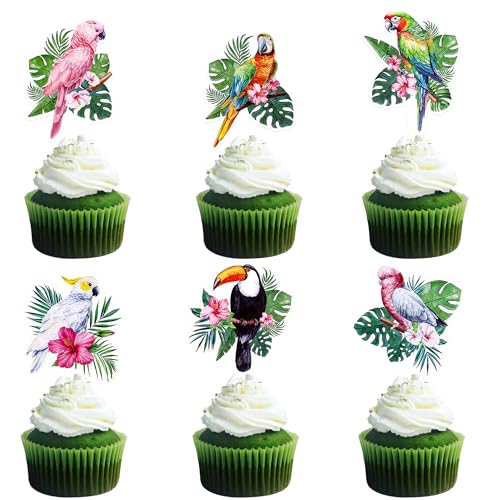 Cyodoos 24pcs Parrot Cupcake Topper Green Flying Bird Nature Theme Decor Supplies Baby Shower Boys Girls Happy Birthday Party Decorations Supplies