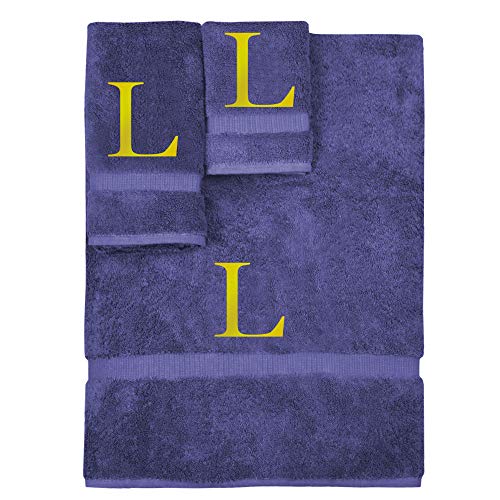 Monogrammed Towel Set, Personalized Gift, Set of 3- Gold Block Letter Embroidered Towel - Extra Absorbent 100% Turkish Cotton - Soft Terry Finish - Initial L Navy