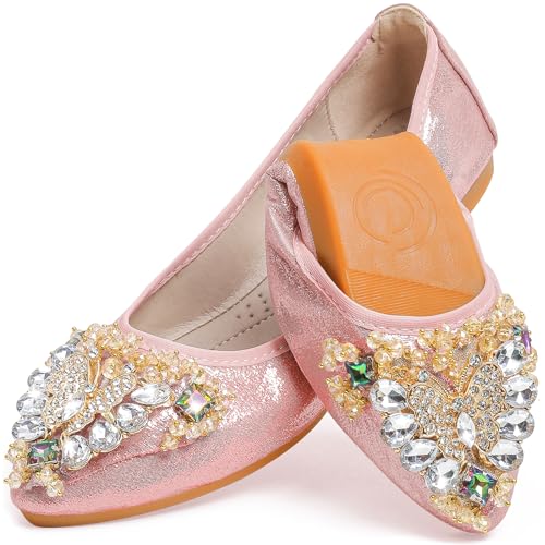 Pink Flats Shoes Women Bow Rhinestone Wedding Ballerina Shoes Comfort Slip on Sparkly Foldable Ballet Flats for Women Size 8.5