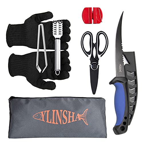 ylinsha Fishing Knife,Fish Cleaning Kit 7 PC set Fish Knife, Fish Scale Cleaning Brush, multi-functional Scissors, anti-cutting Gloves, Fishbone Tweezers, storage Bag