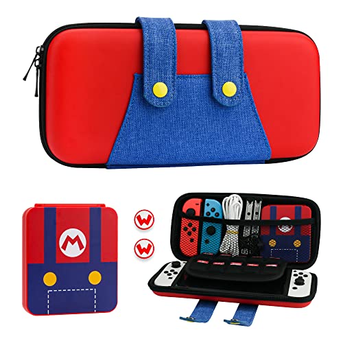 FUNDIARY Carrying Case for Nintendo Switch and Switch OLED, Hard Portable Travel Case for Switch and Switch OLED, Case Accessories Bundle with Game Case and 2 Thumb Caps - for Super Mario