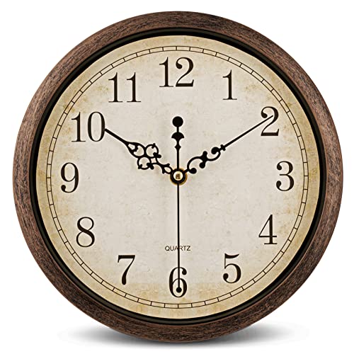 Bernhard Products Vintage Brown Wall Clock Silent Non Ticking 10 Inch Quality Quartz Battery Operated Round Decorative Easy to Read for Home Kitchen Living/Dining Room Bedroom Office Classroom School