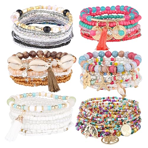 iYours 6 sets Bohemian Multilayer tassels bracelet Handmade Wrap Bracelets Bangle Jewelry Bracelets for Women (6PCS-A)