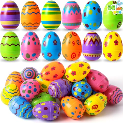 JOYIN Toy 36 PCs Plastic Printed Bright Easter Eggs, Over 3.15'' Tall for Easter Hunt, Basket Stuffers Fillers, Classroom Prize Supplies, Filling Treats and Party Favor