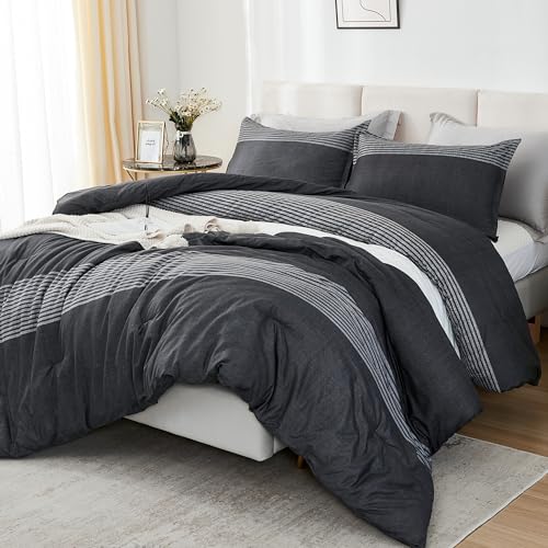 Litanika Queen Comforter Set Black White Grey - 3 Pieces Lightweight Summer Bedding Set, All Season Down Alternative Comforter (1 Comforter, 2 Pillowcases)