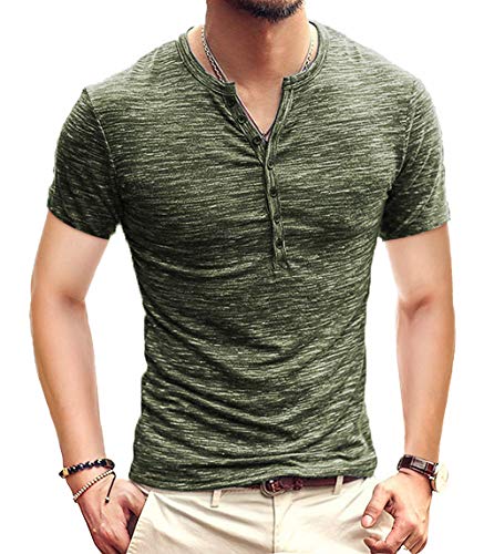 KUYIGO Men's Henley Shirts Short Sleeve Mens Shirts Casual Stylish Summer Shirts(XX-Large, 01 Army Green)