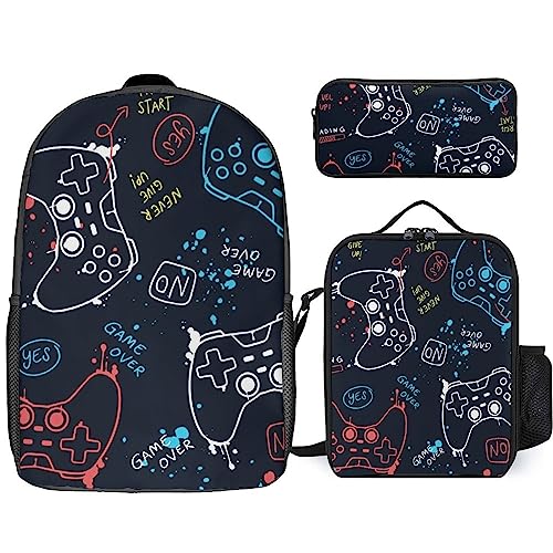 NAWFIVE Mode Joystick Gamepad Backpack with Lunch Box And Pencil Case Set Travel Daypack Bookbag for Men Women Laptop Backpack 3pcs