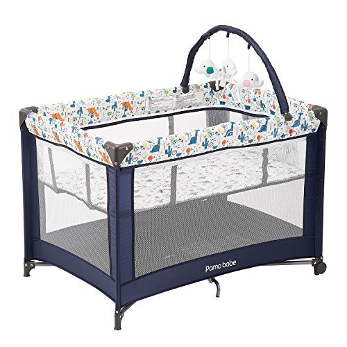 Pamo Babe Portable Playard,Sturdy Playard with Padded Mat and Toy bar with Soft Toys (Blue)
