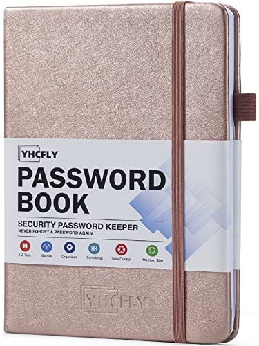 YHCFLY Password Book with Alphabetical tabs, Hardcover Internet Address & Password Organizer Logbook, Medium Size Password Keeper Notebook Journal for Home Office (Rose Gold)