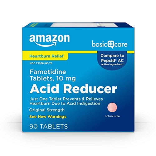 Amazon Basic Care Original Strength Famotidine Tablets, 10 mg, Acid Reducer, Heartburn Medicine, Acid Indigestion Relief, 90 Count