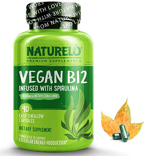 NATURELO Vegan B12 - Methyl B12 with Organic Spirulina - High Potency Vitamin B12 1000 mcg Methylcobalamin - Supports Healthy Mood, Energy, Heart & Eye Health - 90 Capsules