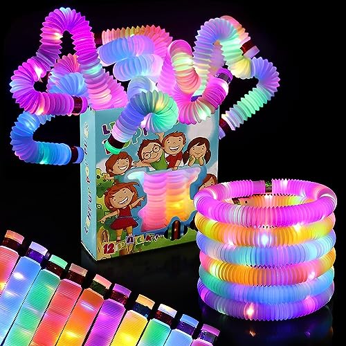 Light Up Pop Fidget Tubes Party Favors for Kids, 12 Pack Glow in The Dark Party Supplies Toddler Sensory Toys, Large Glow Sticks as Goodie Bag Stuffers and Birthday Party Pack Return Gifts for Kids