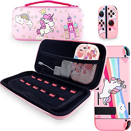 Kandice Hard Carrying Case Kit for Nintendo Switch, Unicorn Portable Travel Bag with TPU Protective Case Soft for Nintendo Switch, 12 Game Card Slots & Mesh Pocket to Store All Accessories