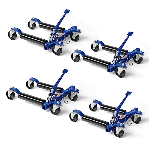 TUFFIOM Car Wheel Dolly Jack Set of 4, Mechanical 1500-lbs Car Skates, 12'' Wheel Vehicle Positioning Jack, Heavy Duty Rollers with Ratcheting Foot Pedal for Tire Auto Repair Moving, Blue