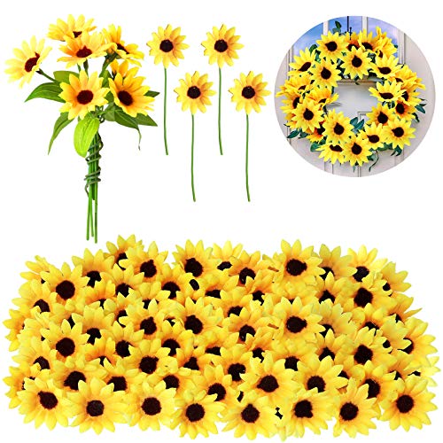 Luinabio 50 Pieces Mini Artificial Sunflower Heads with Iron Wire for Home Party Decoration Wedding Decor, Bride Holding Flowers Centerpieces Wreath Garden Craft DIY Art Decor Crafts (1.77 Inch)