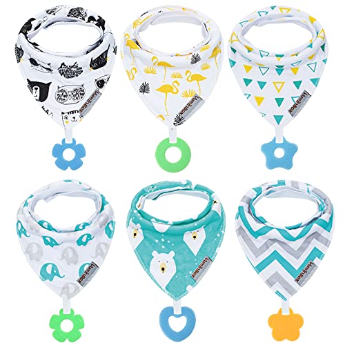 vuminbox Baby Bandana Drool Bibs 6-Pack and Teething Toys 6-Pack Made with 100% Organic Cotton, Absorbent and Soft Unisex (6-Pack Unisex)