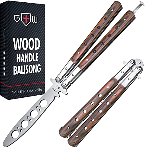 Butterfly Knife Trainer – Balisong Trainer – Practice Butterfly Knife – Balisong Butterfly Knives NOT Real NOT Sharp Blade – Wood Dull Trick Butterfly Knifes – Butter Fly Knife Training CSGO K12 W