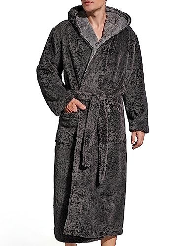 SlumberMee Mens Fleece Plush Robe with Hood Ultra Soft Fluffy Full Length Long with Pockets Luxurious House Coat (Dark Gray, M)