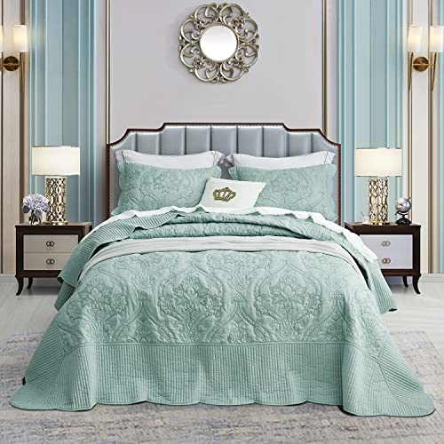CHIXIN Bedspread Coverlet Set Queen Size - Lightweight Bedding Cover - Beautiful Stitching - 4 Piece Reversible Bedspread - Gorgeous Damask Paisley Pattern (Queen, Seaglass)