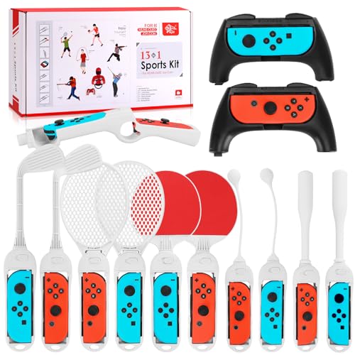 SIKEMAY Nintendo Switch Sports Accessories, 13-in-1 Bundle for Nintendo Switch Games, Switch Sports Set for Nintendo Switch Games, with Switch Controllers JoyCon Grips, Tennis Rackets, Golf Clubs, Etc