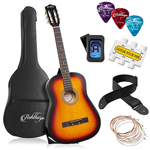 Ashthorpe 38-inch Beginner Acoustic Guitar Package (Sunburst), Basic Starter Kit w/Gig Bag, Strings, Strap, Tuner, Pitch Pipe, Picks