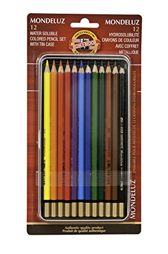 Koh-I-Noor Mondeluz Aquarelle Watercolor Pencil Set, 12 Assorted Colored Pencils in Tin & Blister-Carded (FA3722.12BC)