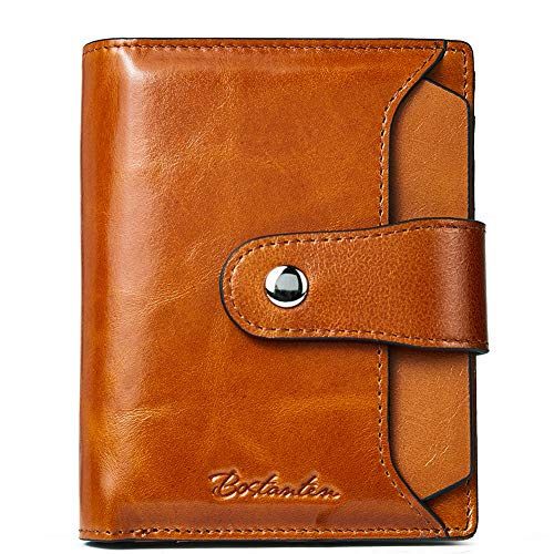 BOSTANTEN Women Leather Wallet RFID Blocking Small Bifold Zipper Pocket Wallet Card Case Purses with ID Window Brown