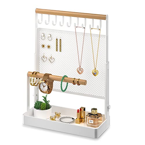 IOAIANIA Jewelry Organizer Stand, Liftable Necklace Holder with Earring Organizer Net, 9 Hooks Necklaces Storage Wooden Handing Bar for Bracelets Watches Rings (White)