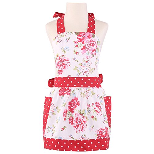 NEOVIVA Kids Aprons for Girls with Pockets, Durable Canvas Toddler Apron for Kids Cooking, Baking, BBQ and Gardening, Style Diana, Floral Lollipop Red