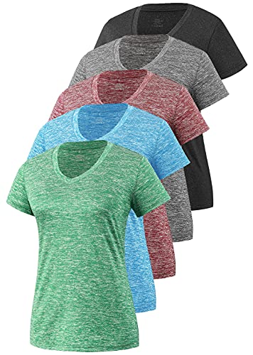 Cosy Pyro Women's Short Sleeve V-Neck Athletic T-Shirt Exercise Yoga Tees Dry Fit Gym Shirts Moisture Wicking Workout Tops Pack of 5 Black/Gray/Wine/Blue/Green M