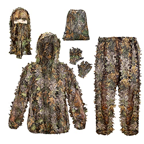 Ghillie Suit, Adult 3D Leafy Suit for Hunting, Hunting Gear Including Hunting Clothes, Hunting Gloves, Leafy Face Mask and Bag, Lightweight Leafy Camo Suit for Jungle Hunting and Halloween, L