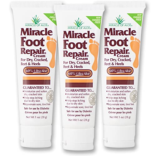 Miracle Foot Repair Cream, (1 oz / 3 Pack) Repairs Dry Cracked Heels and Feet, Diabetic-Safe, 60% Pure Ultra Aloe Moisturizes, Softens, and Repairs,Relief from Discomfort of Ingrown Toenails