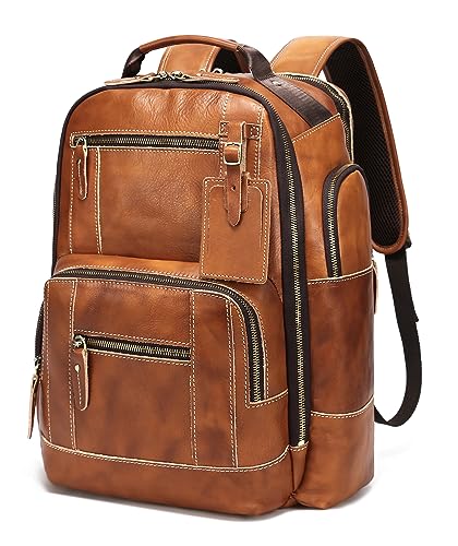 LANNSYNE Vintage Genuine Leather Backpack for Men, 15.6' Laptop Backpack Camping Travel 24L Rucksack