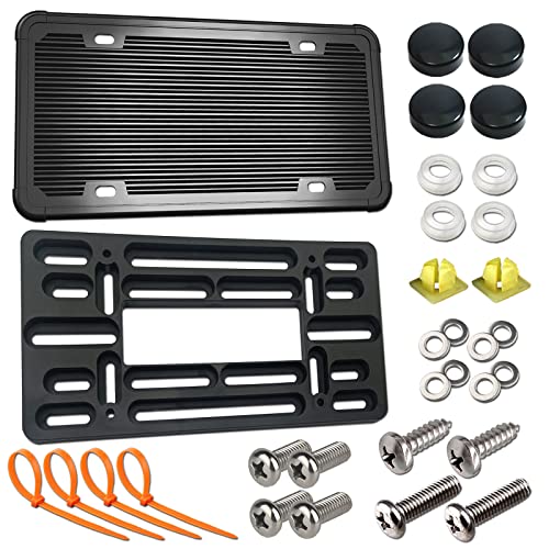 ZXFOOG Front License Plate Mounting Kit- Front Bumper License Plate Bracket & Black Silicone Car Tag Frame, Universal No Drilling Hole Adapter for Vehicle/Truck/Trailer, Screws Caps, Rattle Proof Pad