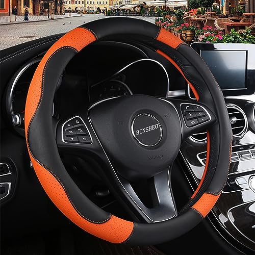 Binsheo Leather Steering Wheel Cover, Breathable, Anti Slip & Odor Free, Black and Orange