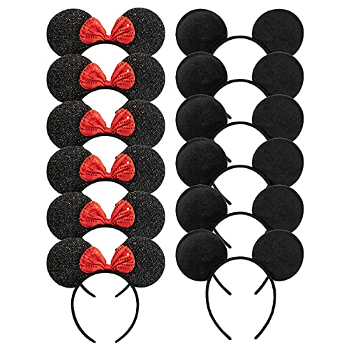 CHuangQi Mouse Ears Headband for Boys and Girls Birthday Party or Celebrations, Solid Black and Red Bow, Pack of 12
