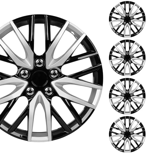BDK (4-Pack) Premium Black/Silver Hubcaps 16' Wheel Rim Cover Hub Caps Two-Tone Style Replacement Snap On Car Truck SUV - 16 Inch Set