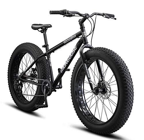 Mongoose Malus Mens and Women Fat Tire Mountain Bike, 26-Inch Bicycle Wheels, 4-Inch Wide Knobby Tires, Steel Frame, 7 Speed Drivetrain, Shimano Rear Derailleur, Disc Brakes, Matte Black