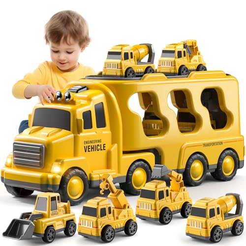 TEMI 5-in-1 Construction Truck for 3-9 Year Old Boys and Girls - Friction Power Vehicle Car for Toddlers 1-3, Carrier for Kids 3-5 - Christmas and Birthday Gifts