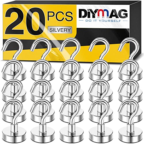 DIYMAG Magnetic Hooks, 25lbs+ heavy duty magnetic hooks cruise for hanging, super strong magnet hooks for cruise cabin, refrigerator,classroom,magnetic metal hooks for grill (Sliver,pack of 20)