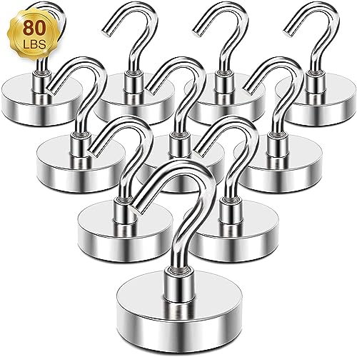 MIKEDE Magnetic Hooks, 80 Lbs Heavy Duty Earth Magnets with Hooks for Cruise Cabin, 10 Pcs Strong Cruise Magnetic Hooks for Hanging, Metal Magnetic Hanger for Grill, Fridge, Kitchen
