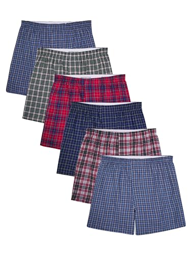 Fruit of the Loom Men's Tag-Free Woven Boxer Shorts, Relaxed Fit, Moisture Wicking, Color Multipacks, Assorted Plaid, Medium
