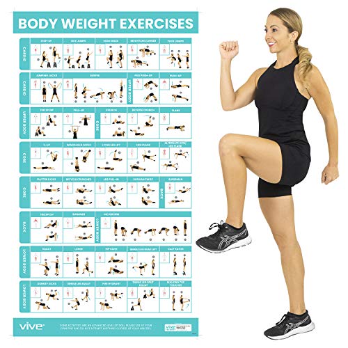 Vive Bodyweight Exercise Poster - Workout Poster for Home Gym Decor - Body Weight Laminated Poster - Workout Room Accessories - Hitt Chart For Abs, Glute, Core, Legs, Arms, Back - No Equipment Needed